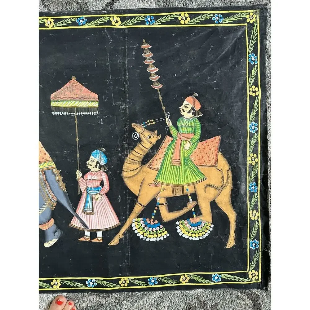 Vintage Indian Batik Black Cotton Wall Hanging Hand painted Elephants 28x60” Art
